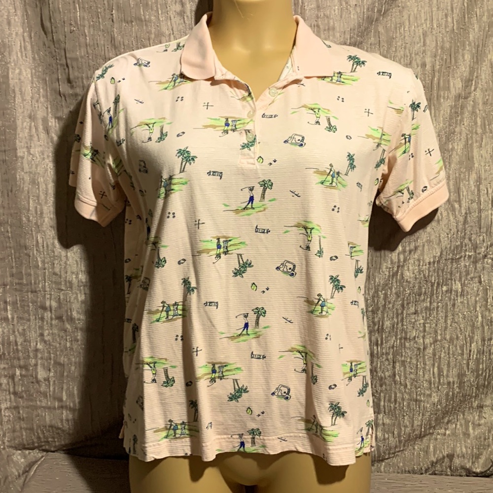 Aureus Top Knit Blouse Golf Peach/Pink Green Palm Trees L Pullover Stretch